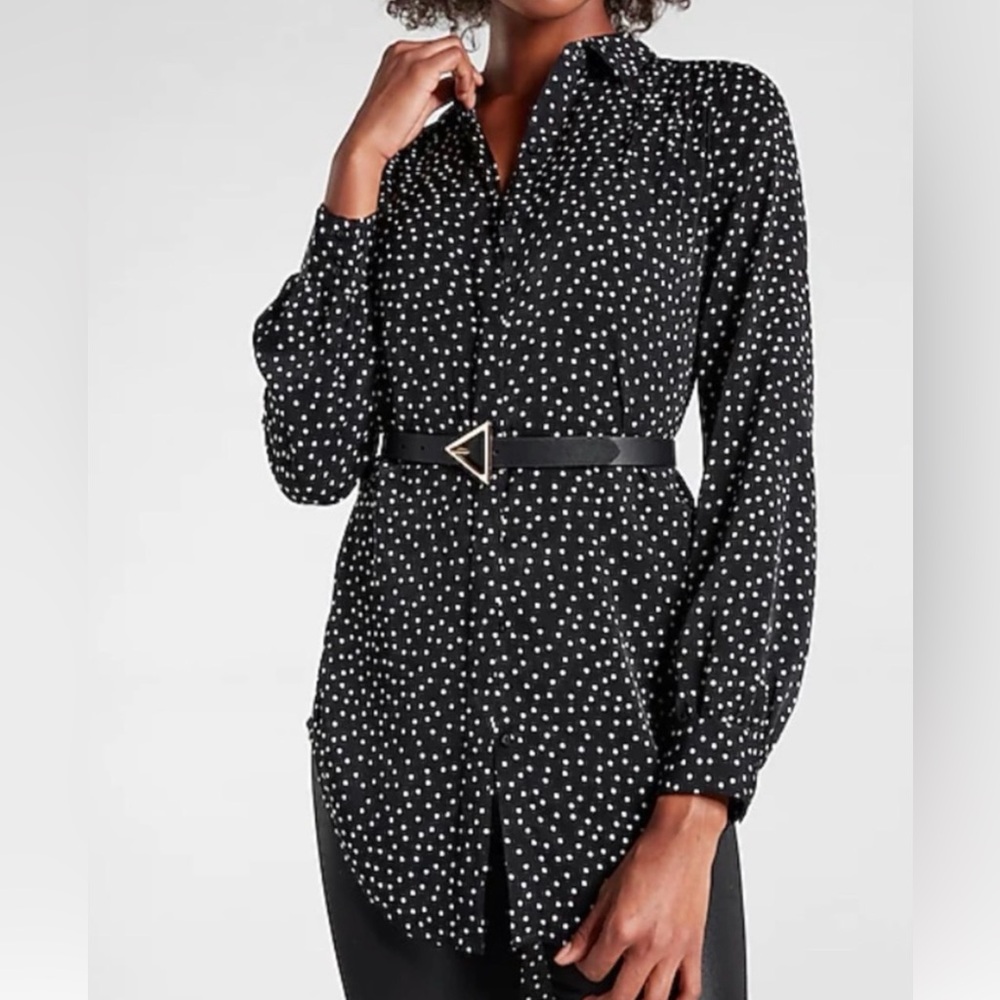 Express Black White Dot Print Pleated  Shoulder Shirt XS